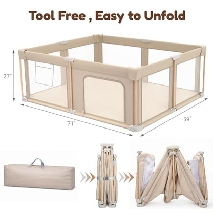 Foldable Baby Playpen with Mat, Foldable Baby Fence Play Yards for Babies and Toddlers, Play Pen with Breathable Mesh and Anti-Fall Pads (71"×59") - size: 71"×59"
