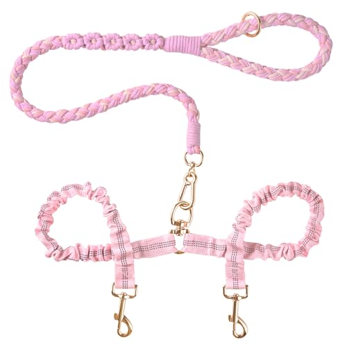Double Dog Leash – Tangle-Free Dual Leash with 360° Swivel, Shock Absorbing Bungee, Reflective Stitching & Hand-Braided Main Rope (Supports Up to 440 lbs, Pink) - color: Pink