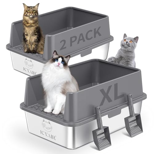 2PACK Stainless Steel Cat Litter Box with High Sides Lid, Extra Large XL Litter Box for Big Cats, Metal Kitty Litter Boxes with Anti-Leakage Enclosure,Non-Stick,Odorless,Scoop Included - color: 2PK-Dark Grey