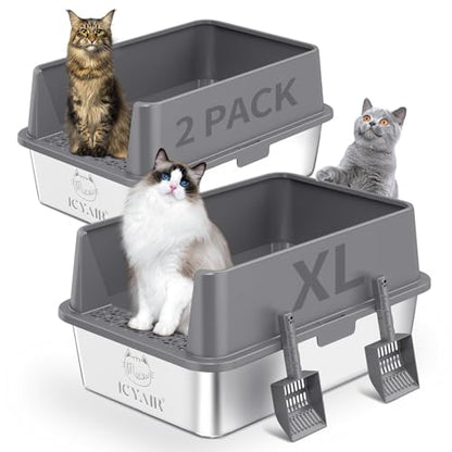 2PACK Stainless Steel Cat Litter Box with High Sides Lid, Extra Large XL Litter Box for Big Cats, Metal Kitty Litter Boxes with Anti-Leakage Enclosure,Non-Stick,Odorless,Scoop Included - color: 2PK-Dark Grey