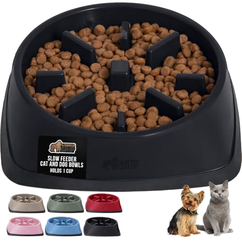 GORILLA GRIP® Patented BPA Free Slow Feeder Dog Bowls, Interactive Puzzle Toy for Dogs and Cats Food Training Enrichment, Keeps Pets Busy and Prevents Puppy Overeating, Small Breeds, 1 Cup, Black - color: Black, size: 1 Cup