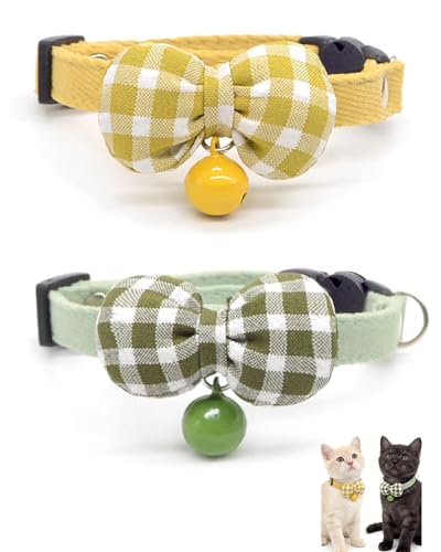 2 Pack Soft Breakaway Safety Cat Collar，Kitten Collar with Bell and Bow Tie,Adjustable Breakaway Cotton Collar for Kitty and Puppy (Plaid-Yellow Green) - color: Plaid-Yellow Green