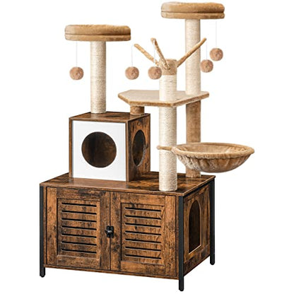 HOOBRO Cat Tree with Litter Box Enclosure, Scratching Posts, Litter Box Enclosure Furniture for Indoor Cats, All-in-One Wooden Cat Tower Condo House with Cat Hammock, Rustic Brown BF14MZ03 - color: Rustic Brown