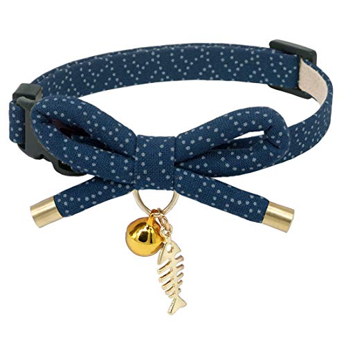 Cute Bowtie Cat Collar with Bell. Japanese Stylish Bowknot & Fish Charm. Safety Breakaway, Soft, Lightweight, for Girl Boy Male Female Cats Kitten,Navy Blue - color: Navy Blue, size: Medium (8-12 inches)
