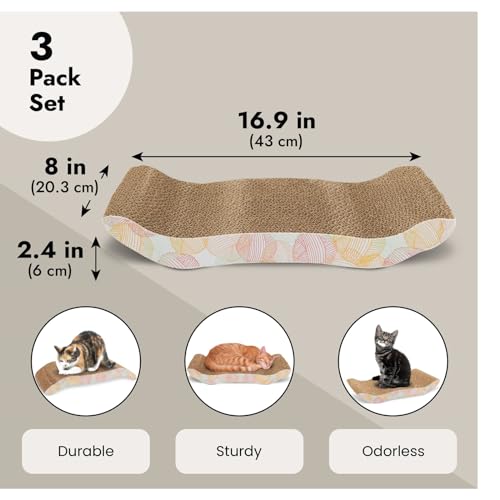 Zodaca Cat Scratcher Bed - Reversible Cardboard Cat Scratch Pad - Catnip Bed for Indoor Felines - Kitten Scratcher Lounger for Stretch & Relax - Pack of 3, 16.75 x 8 x 2.4 in