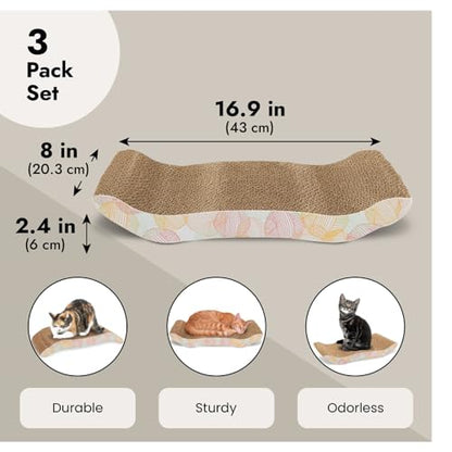 Zodaca Cat Scratcher Bed - Reversible Cardboard Cat Scratch Pad - Catnip Bed for Indoor Felines - Kitten Scratcher Lounger for Stretch & Relax - Pack of 3, 16.75 x 8 x 2.4 in