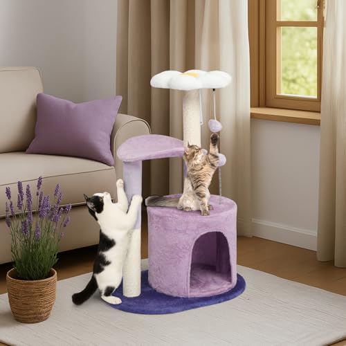 Outvita Cat Tree 33in Small Cat Tower, Multi-Level Cat Tree Tower with Cat Scratching Post and Curved Perch, Cozy Cat Condo, Padded Top Bed for Kittens and Indoor Cats, Purple - size: 33" Purple
