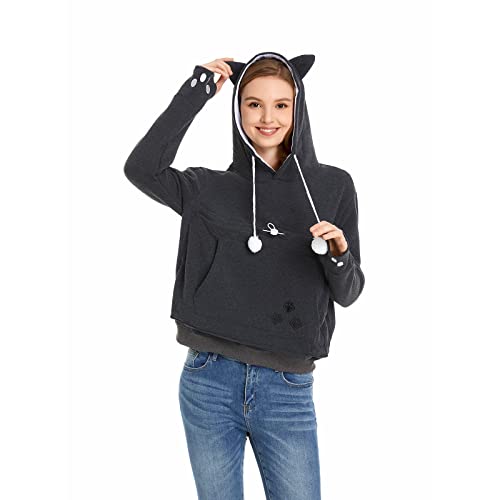 Unisex Big Pouch Hoodie Long Sleeve Fleece Pet Dog Holder Carrier Pullover Sweatshirt… - color: Dark Grey, size: Large