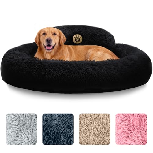 PetJett Large Dog Bed - 36'' Calming Donut Dog Beds, Anti-Slip & Washable Large Round Bed, Fluffy Faux Fur Pet Bed, Super Soft Anti-Anxiety Premium Comfort Bed, Fits Dogs up to 80 lbs - Black - color: Black, size: Large - 36”L x 36”W x 8”Th