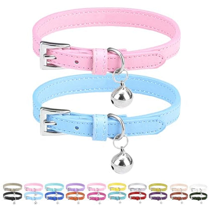 PUPTECK 2 PCS Soft Genuine Leather Cat Kitten Collar with Bells Adjustable for Girl Boy Cats Puppy - Pink, Blue - color: Pink&Blue
