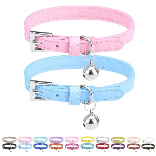 PUPTECK 2 PCS Soft Genuine Leather Cat Kitten Collar with Bells Adjustable for Girl Boy Cats Puppy - Pink, Blue - color: Pink&Blue