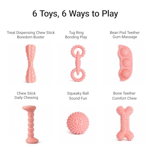 Puppy Chew Toys 6 Pack, Soft TPR Teething Toys for Puppies 2–10 Months, BPA Free Non Toxic Set with Treat Dispensing Stick, Tug Ring & Squeaky Ball for Small Medium Dogs (Pink) - color: Pink