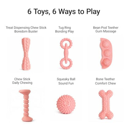Puppy Chew Toys 6 Pack, Soft TPR Teething Toys for Puppies 2–10 Months, BPA Free Non Toxic Set with Treat Dispensing Stick, Tug Ring & Squeaky Ball for Small Medium Dogs (Pink) - color: Pink