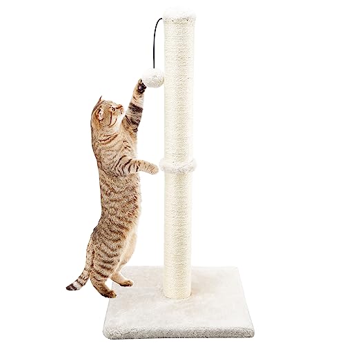 Dimaka 29" Height Tall Cat Scratching Post, Claw Scratcher with Sisal Rope and Covered with Soft Smooth Plush, Vertical Scratch [Full Strectch] for Standard Size Cats. (Beige) - color: Beige, size: 29 inches for All Cats