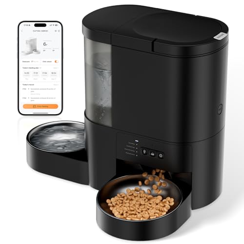 Automatic Cat Feeder and Water, 5G WiFi Cat Dry Food Dispenser, App Remote Control 4L Timed Pet Feeder and 3L Gravity Waterer, Voice Recording, Up to 10 Meal Daily with Dual Bowl for Cats, Small Dog - color: Black