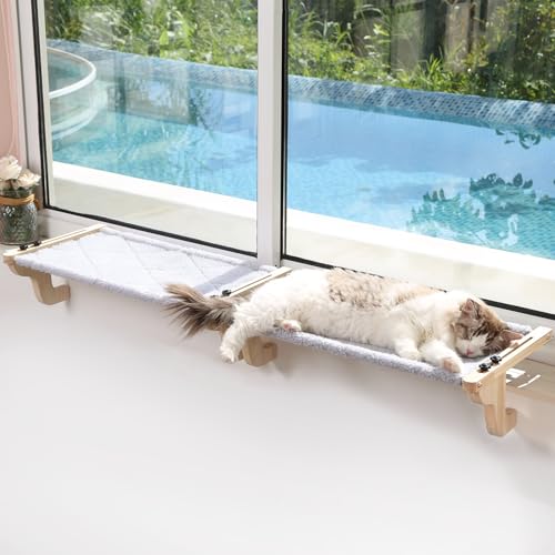 Zakkart 2PC Easy Seat Cat Perch for Window Sill - Hammock Design w/Pine Wood & Robust Metal Frame - Cat Window Seat for Large Cats and Kittens (Natural Color Wood w/Gray Bed, Large (26''W x 14''D) - color: Natural Color Wood w/ Gray Bed, size: Large 2PC