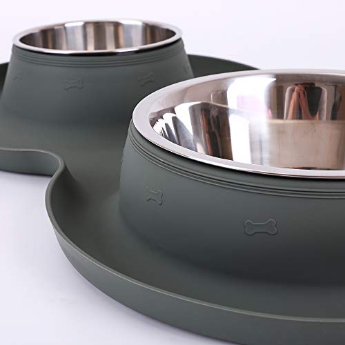 100% Waterproof BPA Free Pet Dog Bowls2 Stainless Steel（53oz+27oz） with 1.35“ Raised Edge Silicone Mat + Slow Feed Dog Water and Food Bowls for Feeding Small Large Dogs Cats Puppies (Gray) - color: Gray