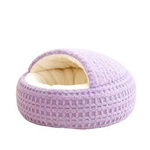 Hooded Plush Cat Bed - Semi-Enclosed Shell Pet Nest, Cozy Warming Anti-Slip Bed for Puppies & Kittens(Purple,M) - color: Purple, size: M