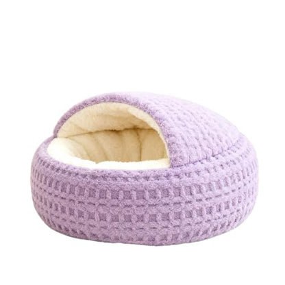 Hooded Plush Cat Bed - Semi-Enclosed Shell Pet Nest, Cozy Warming Anti-Slip Bed for Puppies & Kittens(Purple,L) - color: Purple, size: L
