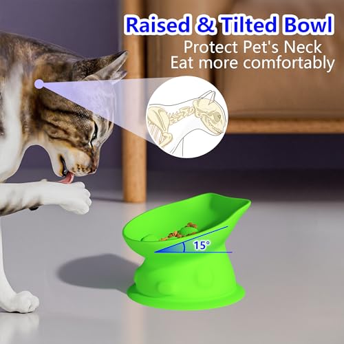 Slow Feed Cat Bowl, Elevated Cat Food Dish with Tilted Design, Dual-Use for Dry and Wet Food, Anti-Vomit, Anti-Choking, Easy to Clean - color: Green, size: Medium