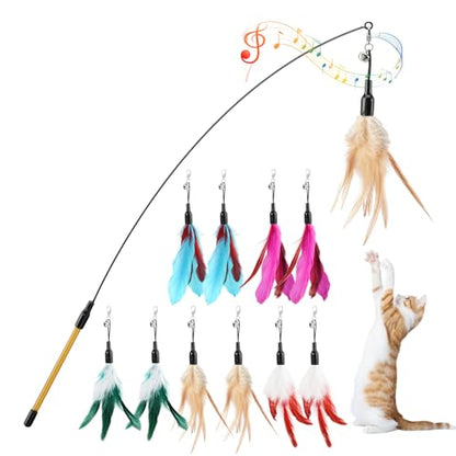 Pawaboo Feather Teaser Cat Toy, Interactive Wands Cats Toy Flying Feathers Cat Catcher with Extra Long 34.5" Wand and Small Bell, Playing Toys, 1 Wand + 10 Feathers, Multi-Color Feather Blend - color: Z-Mixed Color-10 Pack