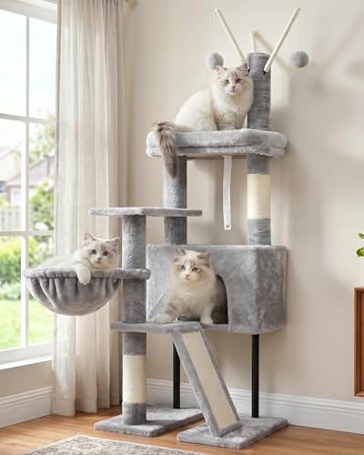 Gitelsnour Cat Tree for Indoor Cats, Cat Tower with Scratching Post for Small Cats and Kittens, Cat House with Removable Top Platform and Fluffy Balls, Hanging Cat Basket, Light Gray GCT006SW - color: Light gray