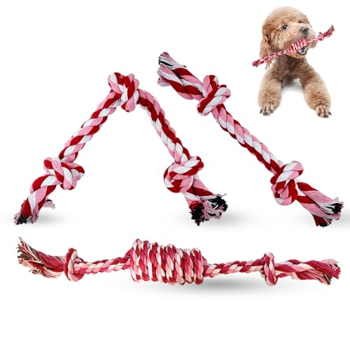 Puppy 3 Pack Cotton Knot Rope Toys for Small Dogs & Puppies, Durable Teething & Tug of War Chew Toy, Safe Interactive Toy for 2-8 Months Pets and High Active Puppy (Pink, Small) - size: Small