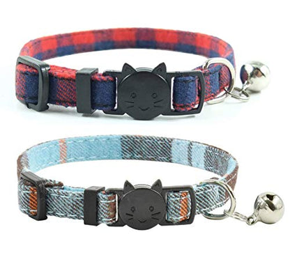 Cat Collar Breakaway with Bell, Cute Plaid Patterns Design Adjustable Kitty Safety Collars 2 Pack Pet Collar for Cats(7-11inches, Red+Light Blue) - color: Red+Light Blue