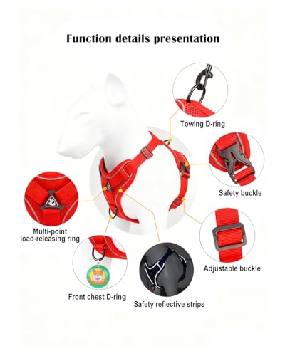 Reflective Adjustable Dog Harness with Leash Breathable No-Pull Pet Vest for Walking and Training DJA702-03M - color: Red, size: Medium