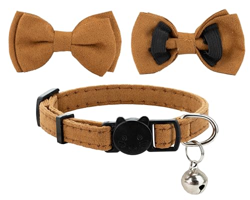 Cat Collar with Bow Tie Bell Breakaway Kitten Small Pet Safety Solid Wedding Basic Pure Color Suede Soft Adjustable [1pc] Khaki - color: [1pc] Khaki