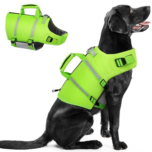 Queenmore Dog Life Jacket,Dog Life Vest for Swimming,XS Dog Swim Vest,Lightweigth Adjustable Reflective Puppy Pet Float Life Preserver Vest with Back Zip,Rescue Handle,Metal Hook (Green XS) - color: Green, size: X-Small