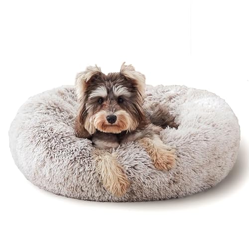 WESTERN HOME WH Calming Dog & Cat Bed, Anti-Anxiety Donut Cuddler Warming Cozy Soft Round Bed, Fluffy Faux Fur Plush Cushion Bed for Small Medium Dogs and Cats (20"/24"/27"/30") - color: White Khaki, size: 20.0"L x 20.0"W x 6.0"Th