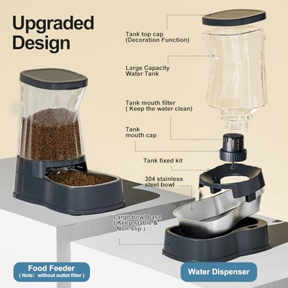 Gardner Pet Automatic Dog Water Dispenser Gravity Stainless Steel Waterer & Food Feeder Set, 100% BPA Free Large Capacity Feeding Bowls for Medium & Large-Sized Dogs Cats Other Pets -(1 Gallon x2) - color: Dark Grey-Sets, size: 1 Gallon (Water & food disp