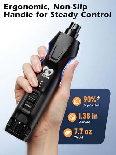 Casfuy 6-Speed Dog Nail Grinder – 50%+ Boost Power Dog Nail Trimmers Quiet with Dust Cap & 2 LED Lights & 2000mAh Battery & 4.8V Motor Electric Pet Toenail File Tool for Large Medium Small Dogs Cats - color: Black