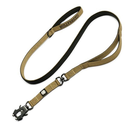 BULLYBREED | Heavy Duty Dog Leash, Tactical Dog Leash, Quick Release Frog Clip with Anti-Tangling Swivel System for Large Dogs that Pull with Soft Double Handles (5 FT Long, Military Tan) - color: Military Tan Double Handle
