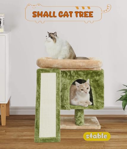 SYANDLVY Small Cat Tree for Indoor Cats, Cat Tower with Scratching Post, Modern Activity House for Large Cats, Condo with Board, Kittens Cave - color: Beige & Green