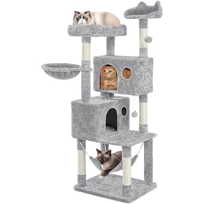Yaheetech 64.5in Extra Large Multi-Level Cat Tree Kittens Play House Condo with Platform, Perch Hammock & Scratching Posts, Light Gray - color: Light Gray, size: 64.5in