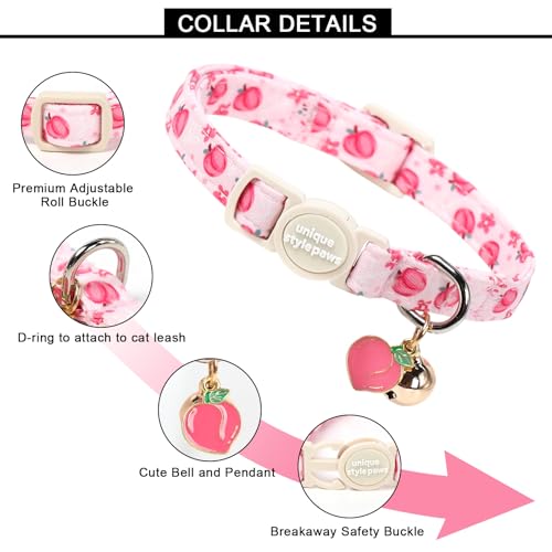 Unique style paws 2 Pack Valentine Kitten Collar Breakaway with Bell&Pendant, Adjustable Safety Spring Summer Peach Flower Pink Bow Cat Cotton Collar for Girl Boy Cat and Small Pet - color: Peach Flower Bow