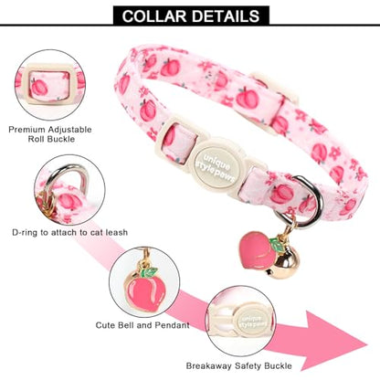 Unique style paws 2 Pack Valentine Kitten Collar Breakaway with Bell&Pendant, Adjustable Safety Spring Summer Peach Flower Pink Bow Cat Cotton Collar for Girl Boy Cat and Small Pet - color: Peach Flower Bow