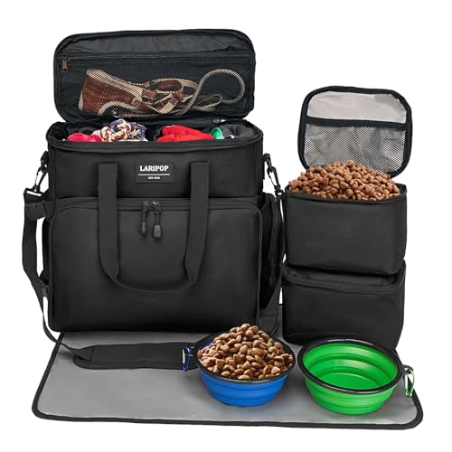 LARIPOP Dog Travel Bag Airline Friendly for Small Medium Large Dogs, Pet Travel Organizer with Collapsible Bowls Food Containers Mat, Waterproof Portable Tote for Dog Outdoor Travel - color: Black
