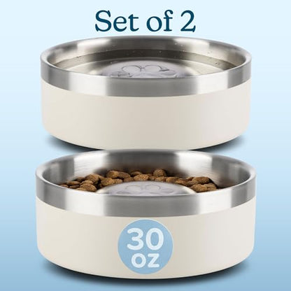 Set of 2 Stainless Steel Slow Feeder Dog Bowls - 30oz/3.75 Cups Double Wall Insulated Food and Water Bowls for Dogs - Non Slip Metal Pet Dishes for Small-Medium Sized Pets PETMAKER (Cream) - size: 30oz