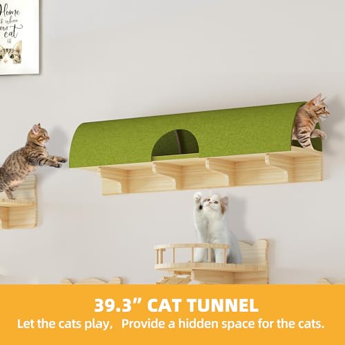 Cat Shelves for Wall, 18-in-1 Solid Wood Wall Mounted Cat Wall Shelves with Tunnel, Scratching Post, Steps & Bridge Ladder, Multi-Level Cat Climbing System, Space Saving, Floating Cat Shelves - color: Burlywood, size: 18-in-1