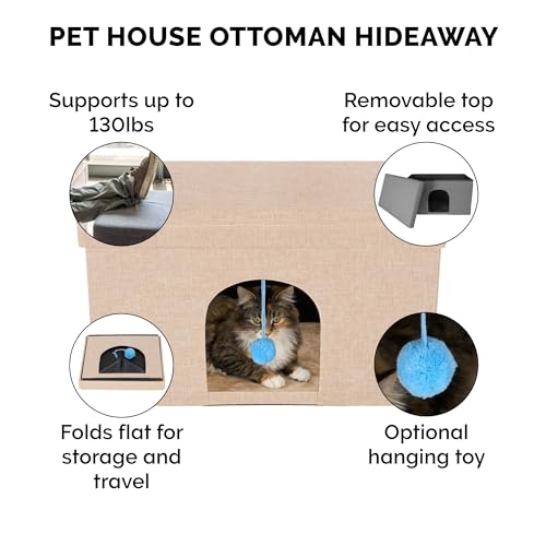 Furhaven Pet House for Indoor Cats & Medium/Small Dogs, Collapsible & Foldable w/Plush Ball Toy - Living Room Ottoman Cat Condo - Sand, Large