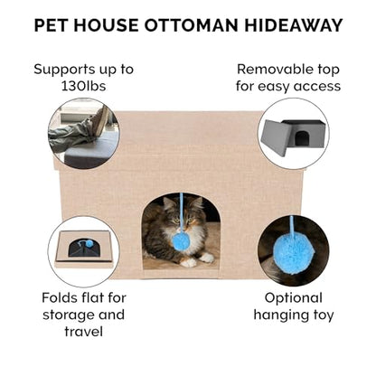 Furhaven Pet House for Indoor Cats & Medium/Small Dogs, Collapsible & Foldable w/Plush Ball Toy - Living Room Ottoman Cat Condo - Sand, Large