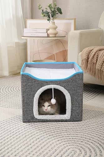 Modern Indoor Cat House Cube with Scratching Post and Play Ball, Easy to fold, disassemble, and Clean，Compact Pet Apartment for Small Cats (Dark Grey) - color: Dark Grey