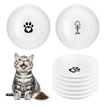 Andaliz 5.7 inch Ceramic Cat Food Bowl Set (6-Piece) - Shallow Dishes for Wet Food & Water, Whisker Fatigue Cat Plates, Kitten Saucers for Indoor Cats