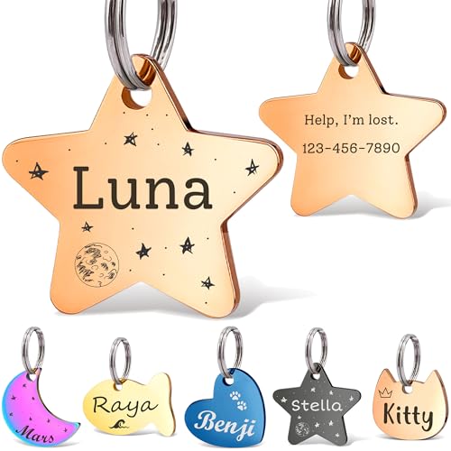 Anavia Small Size Dog Cat ID Tags, Small/XS Personalized Color Plated Stainless Steel Puppy Kitten Name Tags, Customized Engraved Nameplate Pet Collar Tag (Rose Gold, Star) - color: Rose Gold, size: Regular-Star
