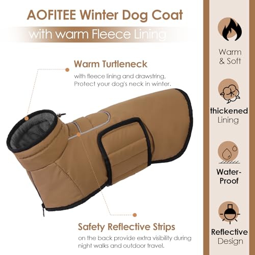 AOFITEE Dog Winter Coat, Waterproof Dog Jacket, Dog Coat with Harness Hole, Warm Fleece Dog Puffer Jacket, Reflective Windproof Dog Snowsuit for Small Medium Large Dogs, Dachshund, French Bulldog, L - color: Brown, size: Large