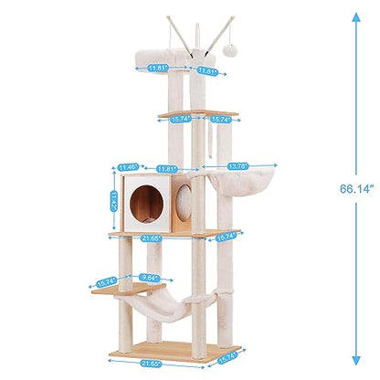 Hey-brother Wooden Cat Tree, 66.1“ Cat Furniture with Scratching Posts, Modern Cat Tower with hammocks, Toys, cat condo, Walnut MPJ120WB - color: Walnut