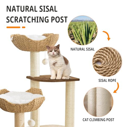Big Modern Design Cat Tree Tower with White Cloud Mat, Unique Cat Supplies Tower with Scratching Post, Cute Wood Cat Tree Cat Furniture Activity Centre for Indoor Big Cats - color: K-903